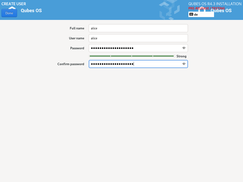 Account name and password creation window.