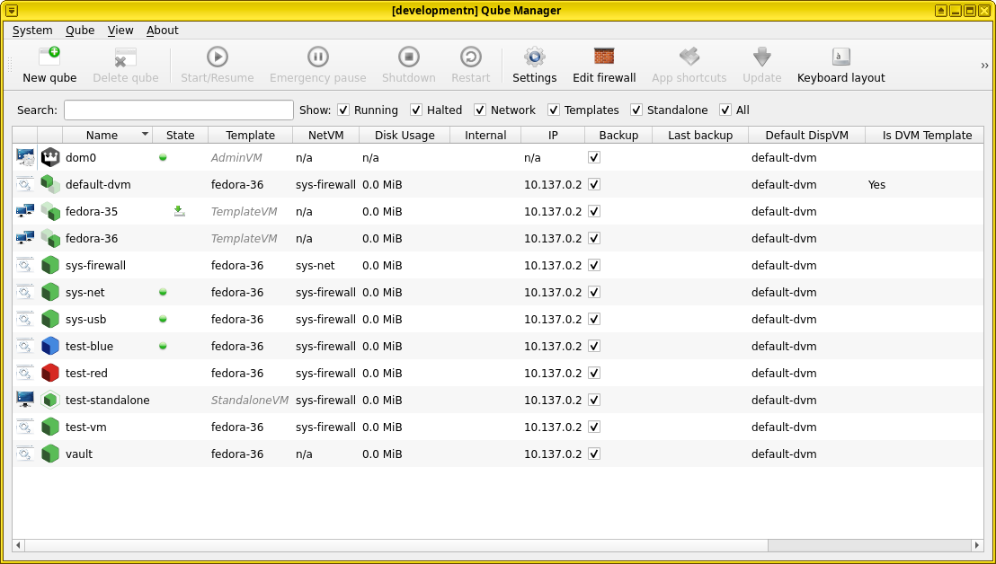 Qubes Manager running MockQubesComplete