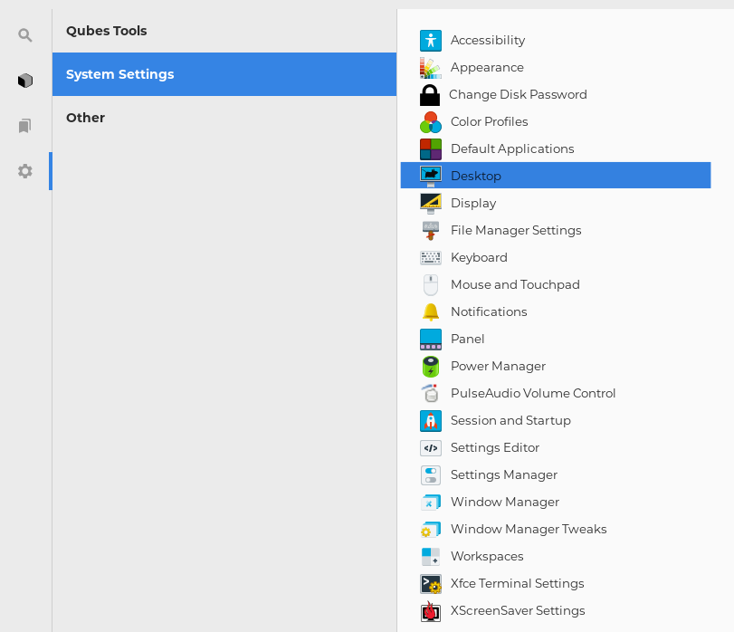 image of Qubes Menu with the page for System Settings tools open and the Desktop application highlighted