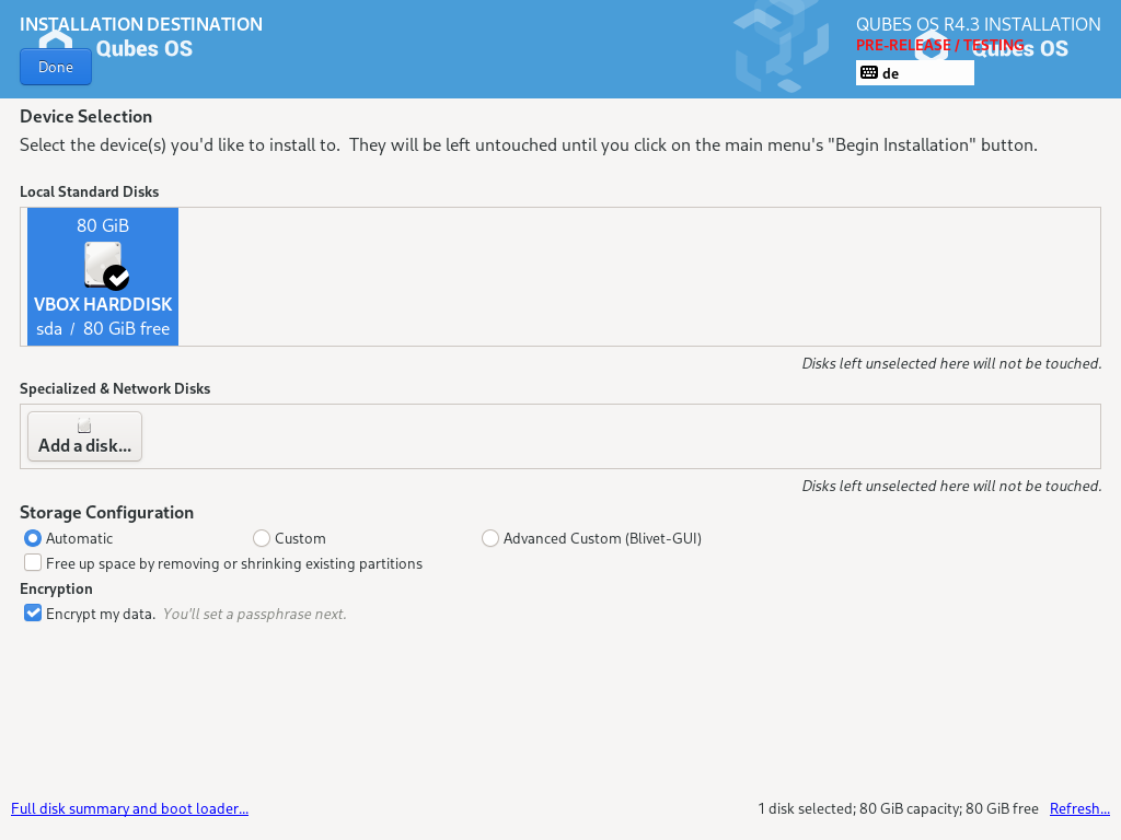 Select storage device screen